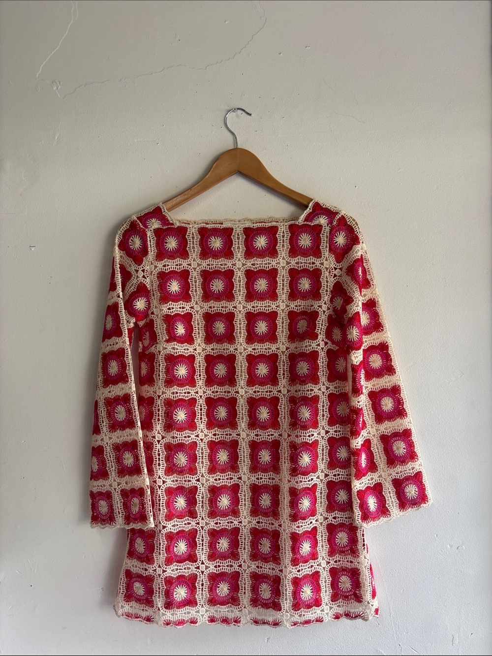 Chelsea & Violet Fuchsia and Cream Crochet Square-Pattern Long Sleeve Dress